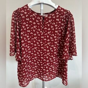 Ann Taylor Burgandy Floral Blouse w Bell Sleeves, Lined, size L